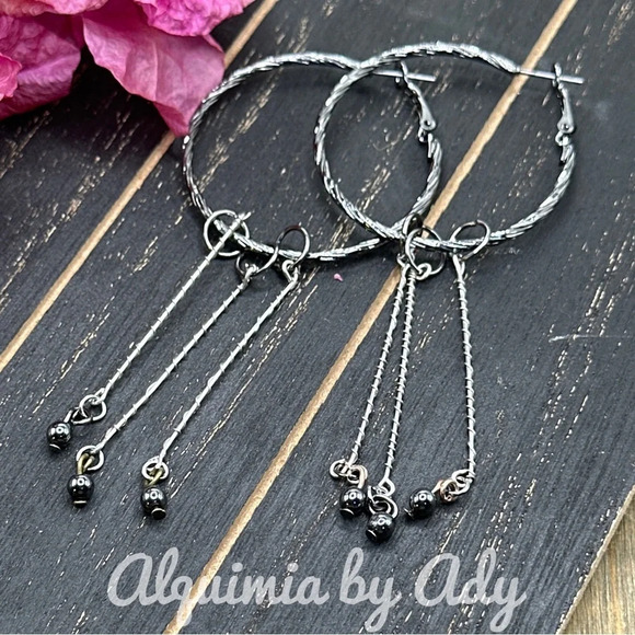 Gunmetal and gray hematite tassel extra long hoop earrings - Picture 1 of 2